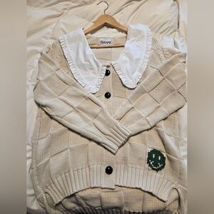 Ganni Cream Knit Cardigan with White Ruffle Collar and Green Smiley Detail